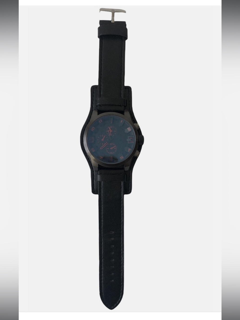 George Quartz Men’s Watch Black Red Faux Leather Band
